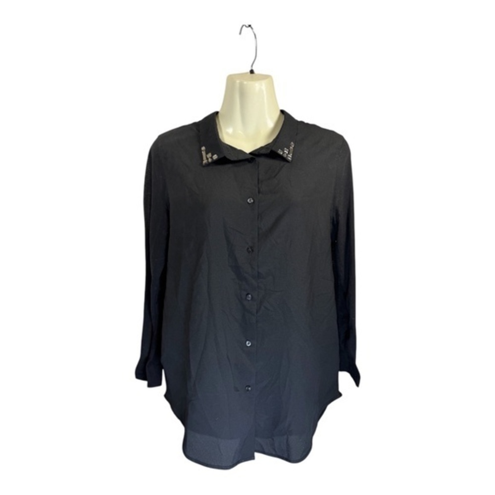 H&M Blouse Womens Size Small Black Collared Button Up Semi Sheer Chiffon